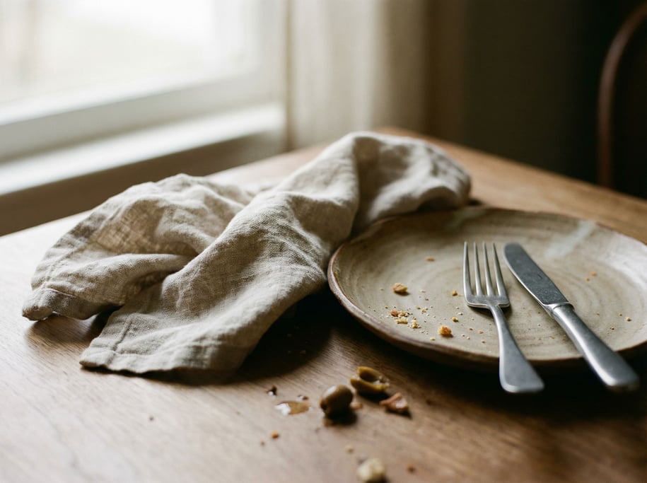 A linen napkin loosely folded beside a ceramic plate and steel cutlery, natural materials (jvygbpii)