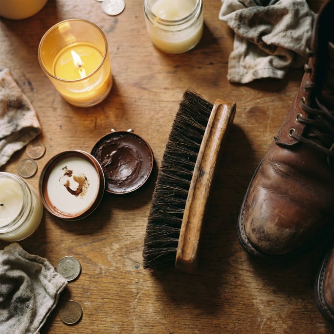 An open tin of shoe polish next to a horsehair brush and a leather boot, analog maintenance ritual (6hoymhnv)