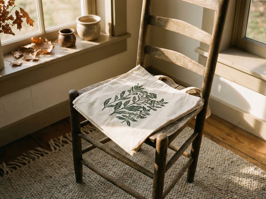 A cotton tote bag folded on a wooden chair, screen-printed design visible, natural and simple (9rihr6lf)