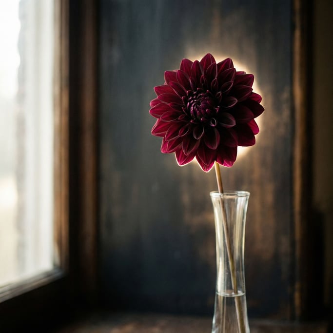 A single dahlia in a slim bud vase, deep burgundy petals, dark background, painterly quality