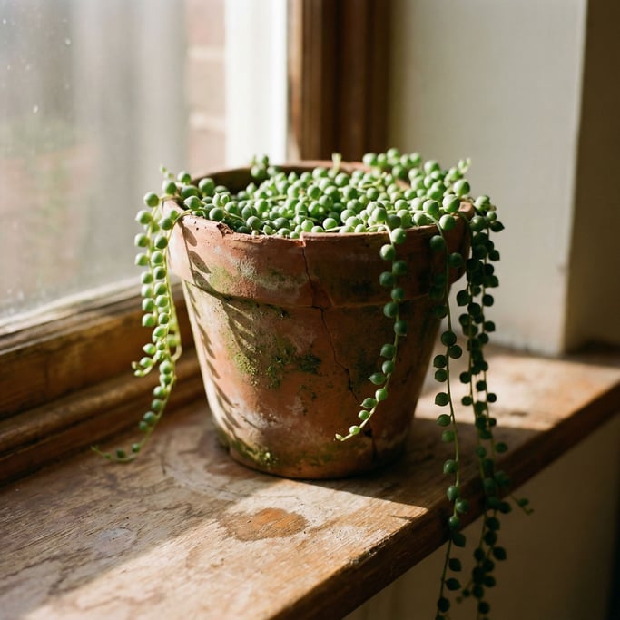 A terracotta plant pot with a trailing string-of-pearls succulent, morning windowsill light (02kktqpc)