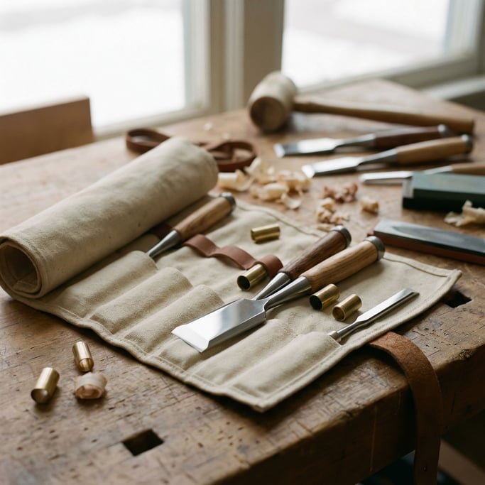 A set of Japanese woodworking chisels in a roll-up canvas case, blades polished mirror-bright (cv9yql5z)