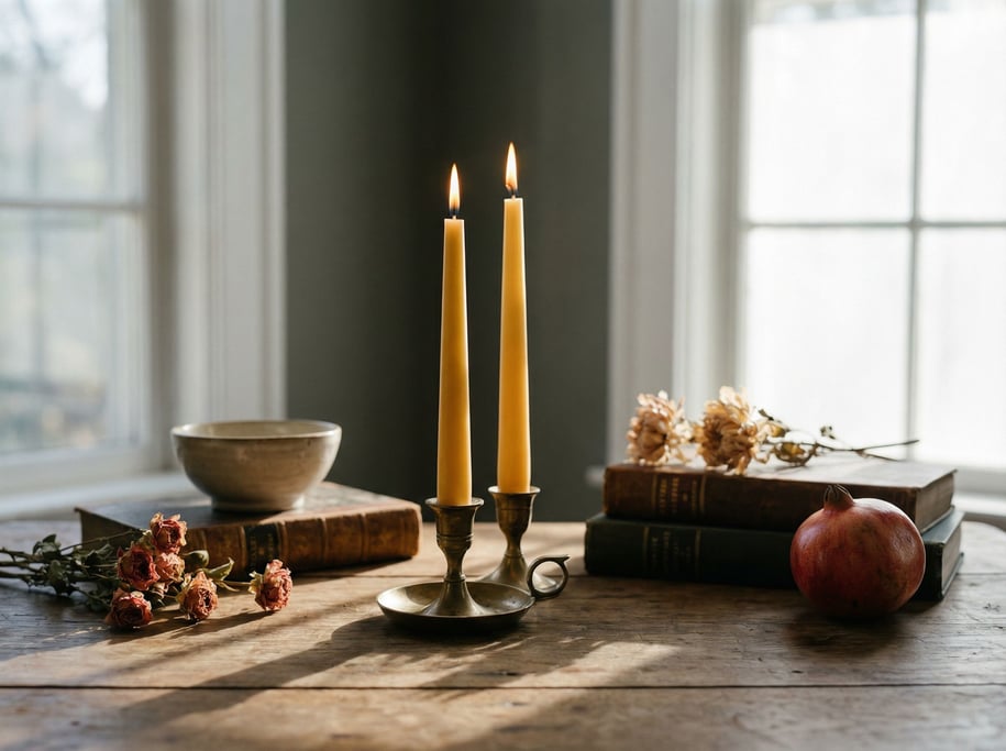 A pair of hand-dipped taper candles in a brass holder, flames just lit, wax still pristine