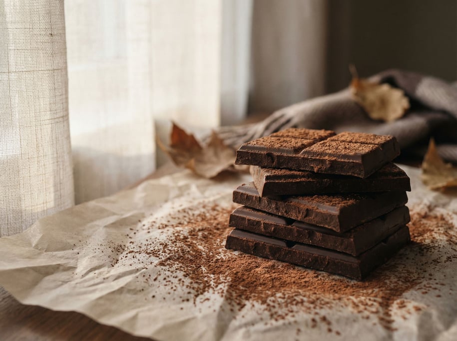 A stack of dark chocolate squares on parchment paper, cocoa powder dusting (ia1bohp)
