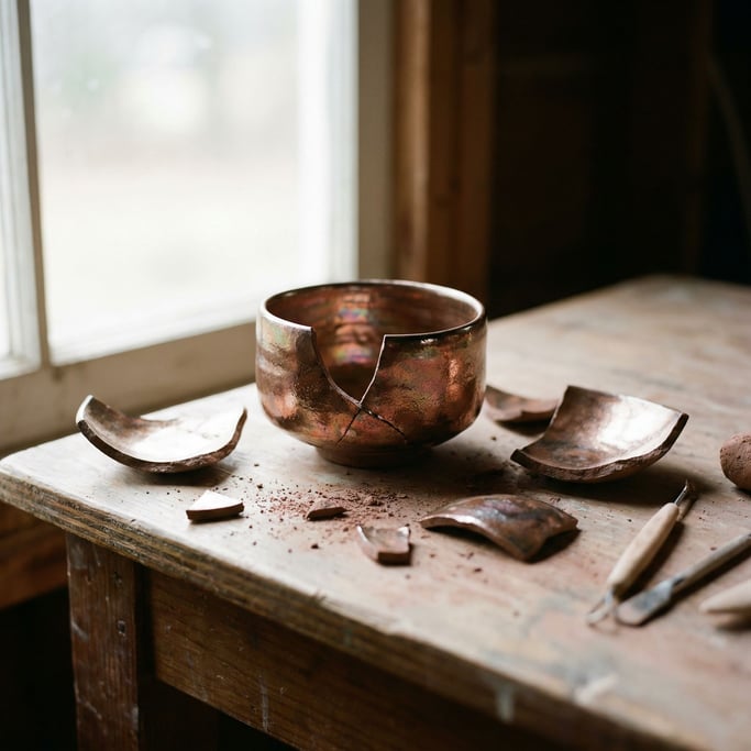 A hand-thrown raku tea bowl, irregular form, metallic glaze catching light at every angle