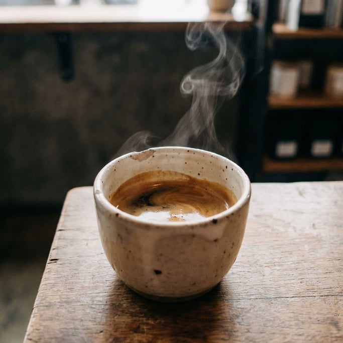 An espresso shot in a thick ceramic cup, crema still swirling (ytdtmtea)