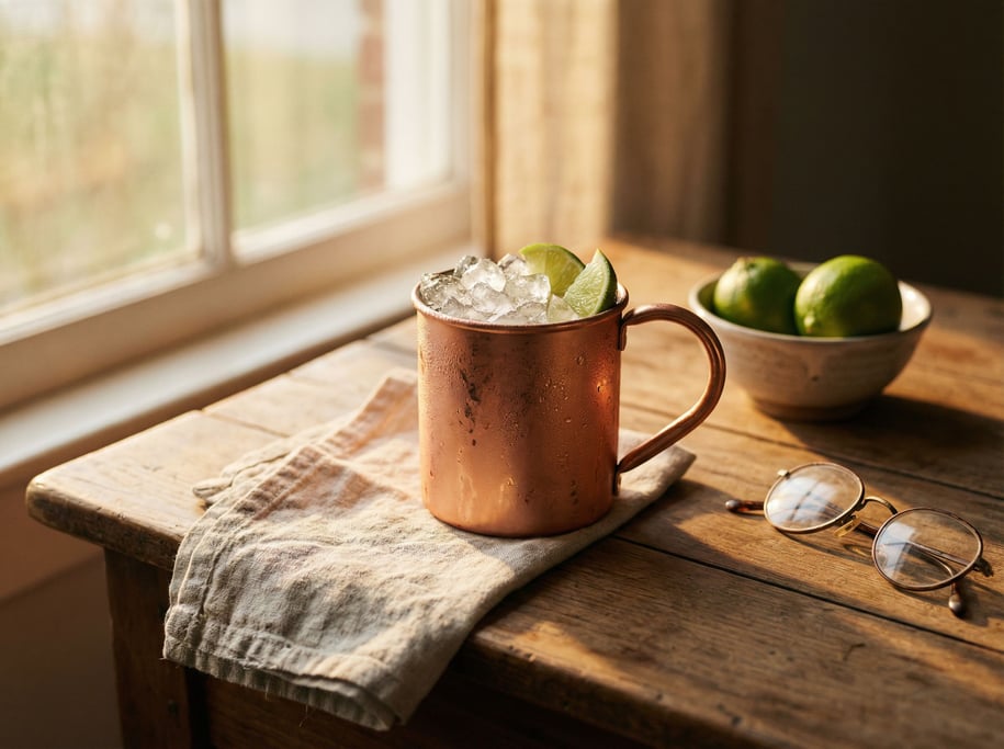 A copper Moscow mule mug with crushed ice and lime, condensation frost on the outside (lupk)