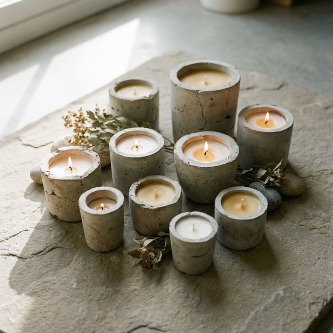 Hand-poured candles in raw concrete vessels, arranged asymmetrically on a stone surface (vh2wddgs)