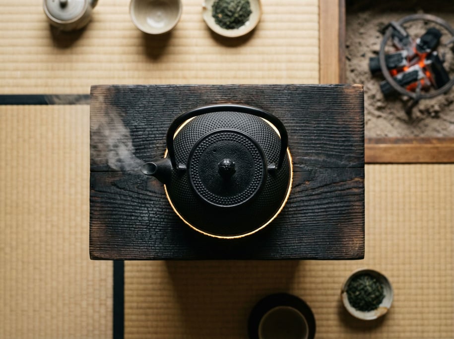 A Japanese cast iron teapot (tetsubin) on a charred wood board, steam wisping from the spout (jkkmgqqh)