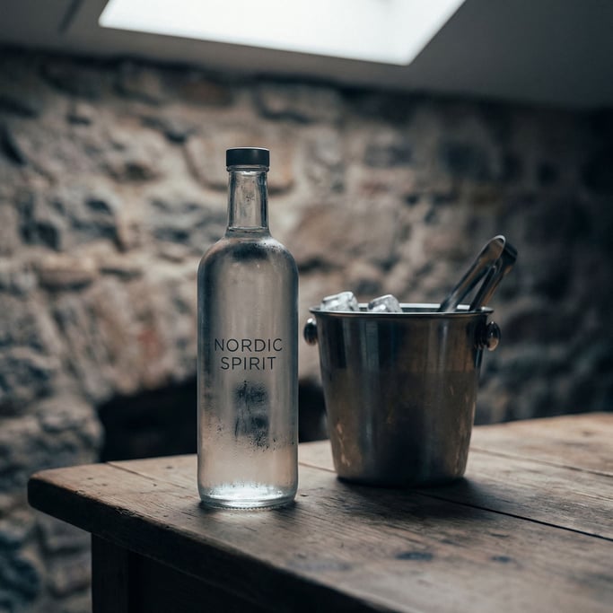 A glass bottle of clear spirit with condensation, ice bucket nearby, cool blue-gray tones (ys2vtdpm)