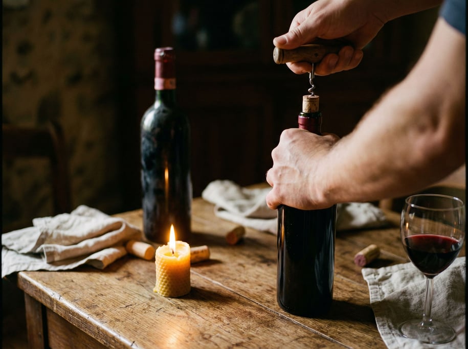 A corkscrew and wine cork mid-pull, red wine bottle in soft focus behind, ritual of opening (2t4zxvjr)