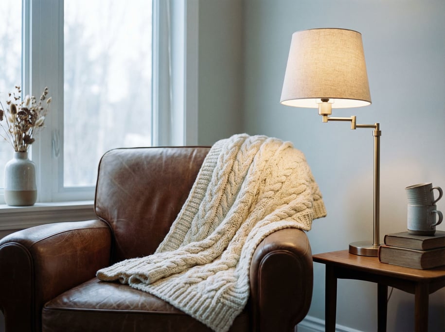 A wool blanket draped over the arm of a leather chair, cable knit pattern visible (k9bbbj3d)