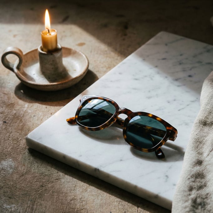 A pair of sunglasses on a white marble surface, reflections in the lenses, cool tones (i)