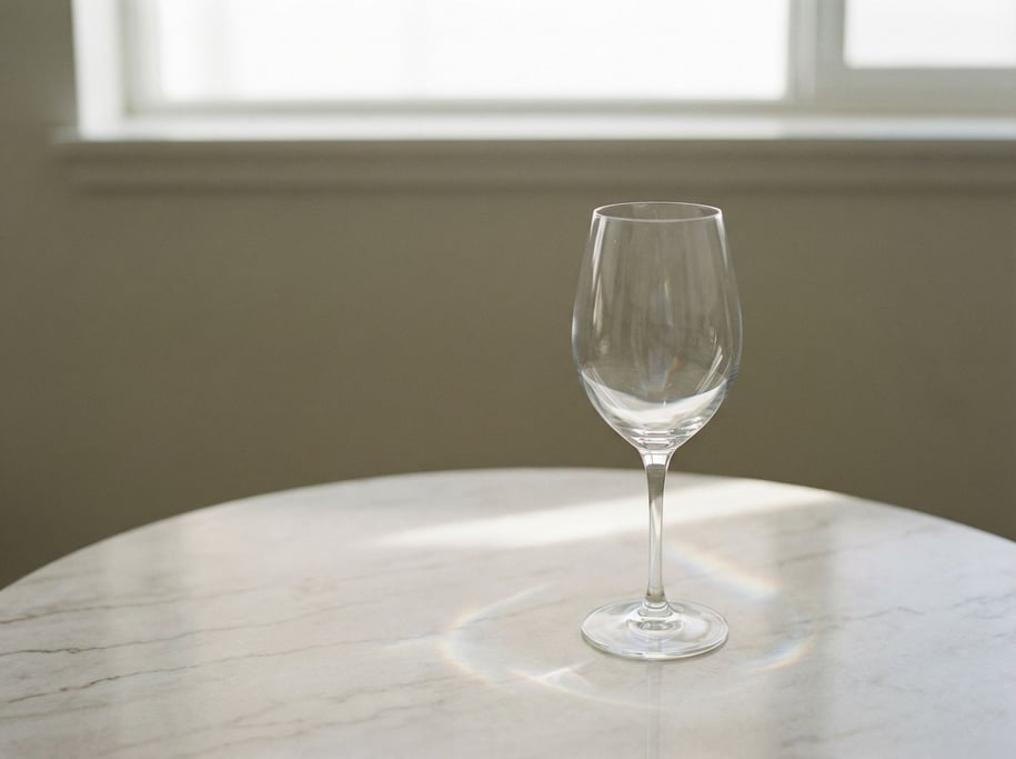 An empty wine glass catching light on a marble table, crystal refractions, just the glass form (ykxdvzr)