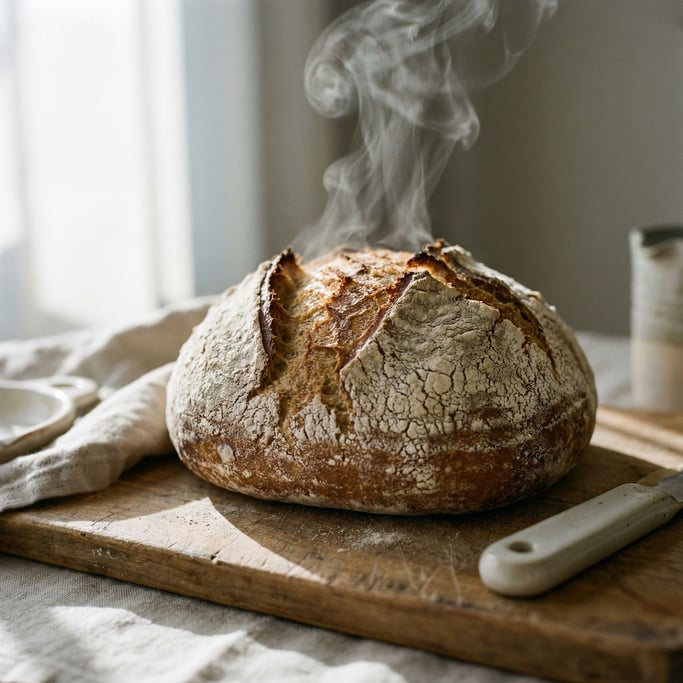 A sourdough boule fresh from the oven, flour-dusted crust cracking, steam escaping from a score mark (1bmd6uur)