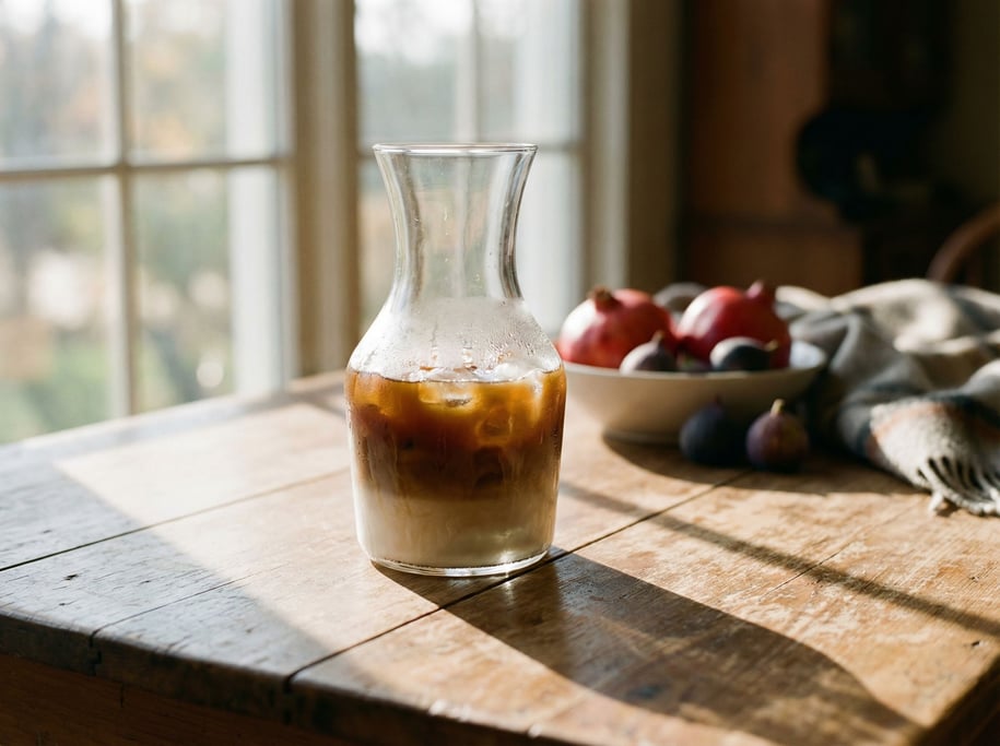 A glass carafe of cold brew coffee on ice, dark liquid layered above cream, condensation dripping (se4yayt)