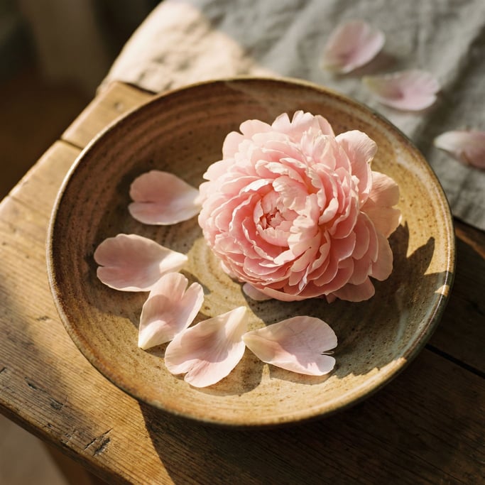 A single peony in full bloom in a wide ceramic bowl, petals soft and falling, overhead perspective (lhd6h3kp)