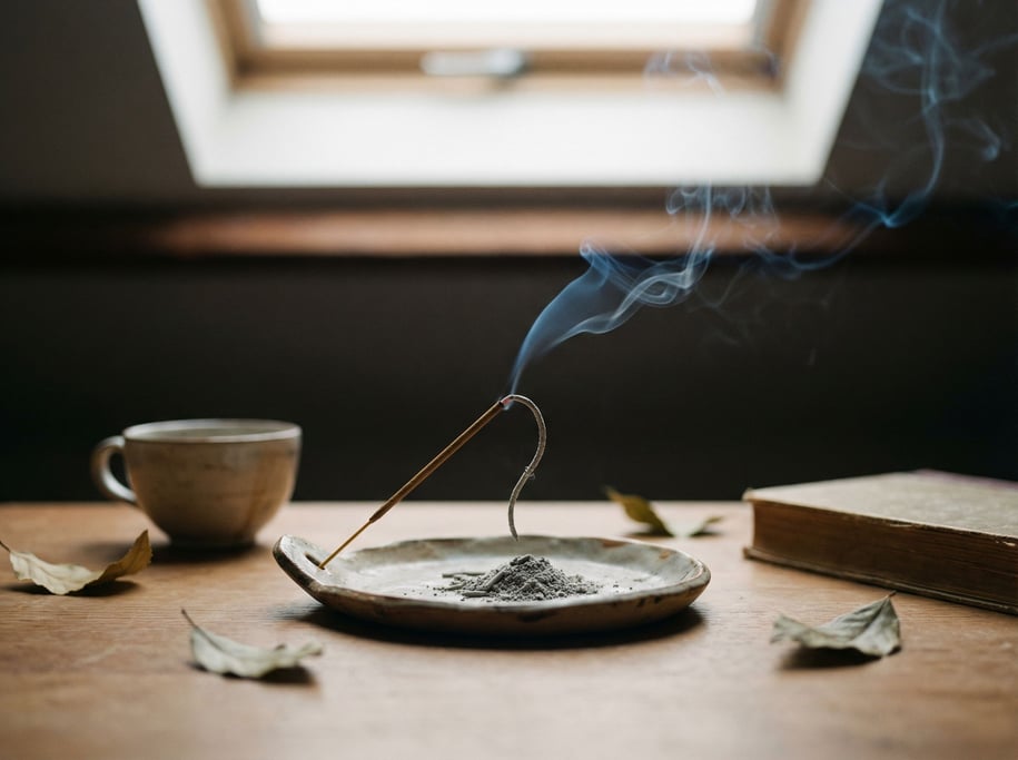 An incense holder with a smoking stick, ash curling in a thin line, single wisp rising against black