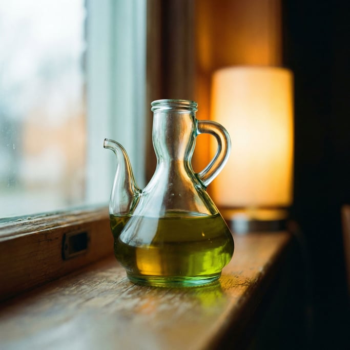 A clear glass oil cruet catching window light, olive oil inside glowing golden-green (9tdv4xym)