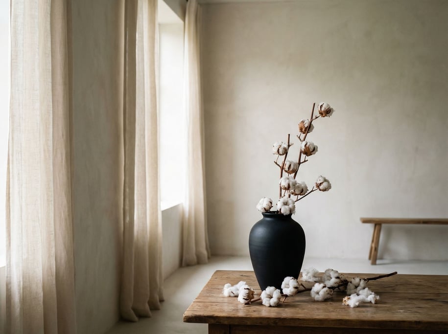 A single stem of dried cotton in a matte black vase, stark and minimal, negative space dominant (6eux6pby)