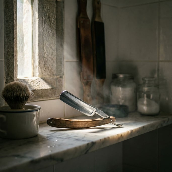 A vintage straight razor open on a marble shelf, chrome catching hard light, badger brush beside it (yprzpntk)
