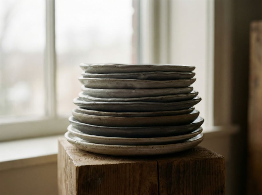 A stack of handmade ceramic plates in cool gray tones, slight imperfections visible, side lit (r4wxvyf)
