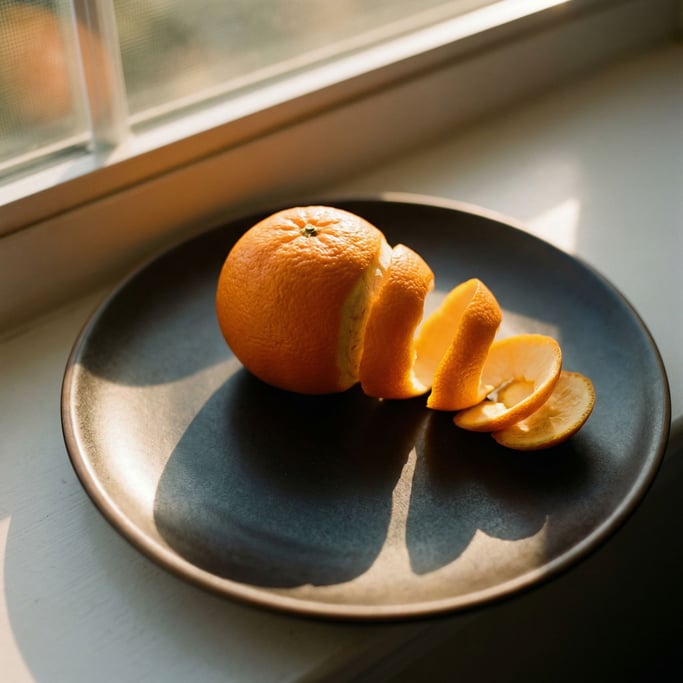 A single orange on a dark plate, peel partially curled away, overhead light casting a round shadow (ilvlta43)