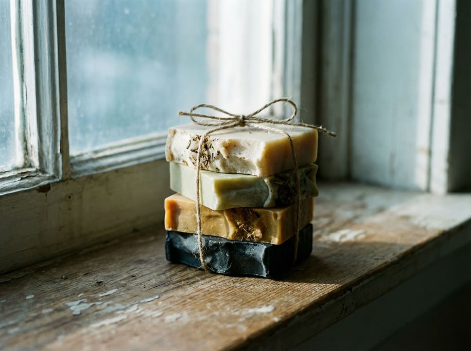 A small stack of artisan soap bars, different natural colors, tied with twine (jw7qzp89)