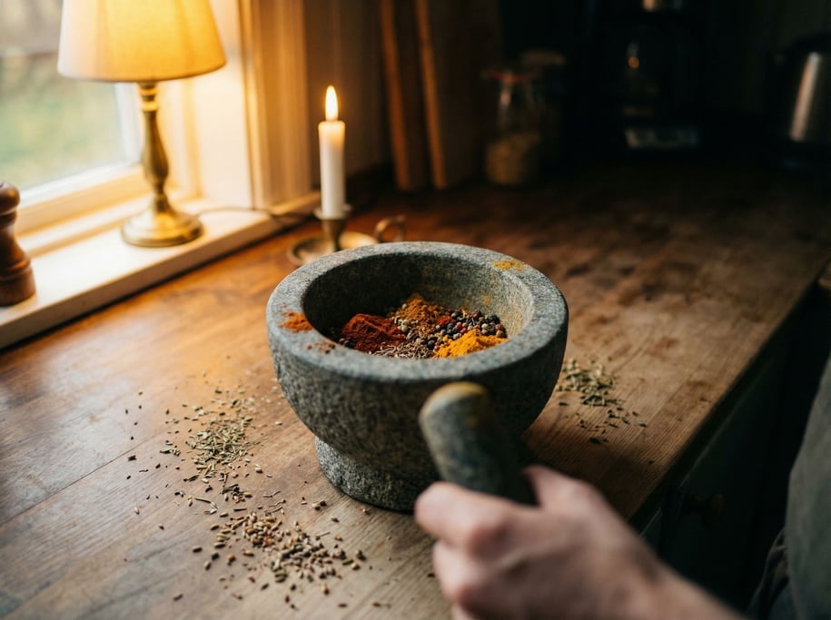 A mortar and pestle with freshly ground spices, colorful powder against gray stone, aromatic implied (1cncca4y)