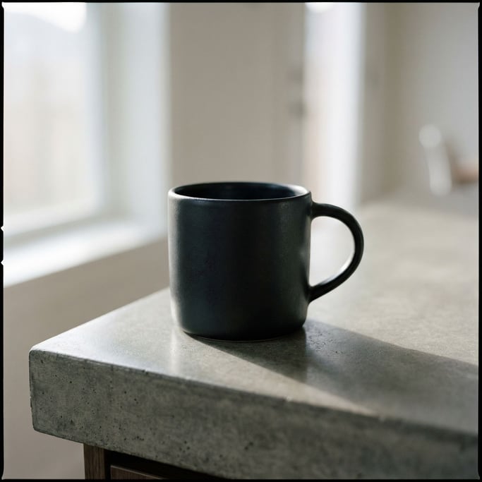 A black matte ceramic mug on a polished concrete counter, morning light, no steam (few6hii3)
