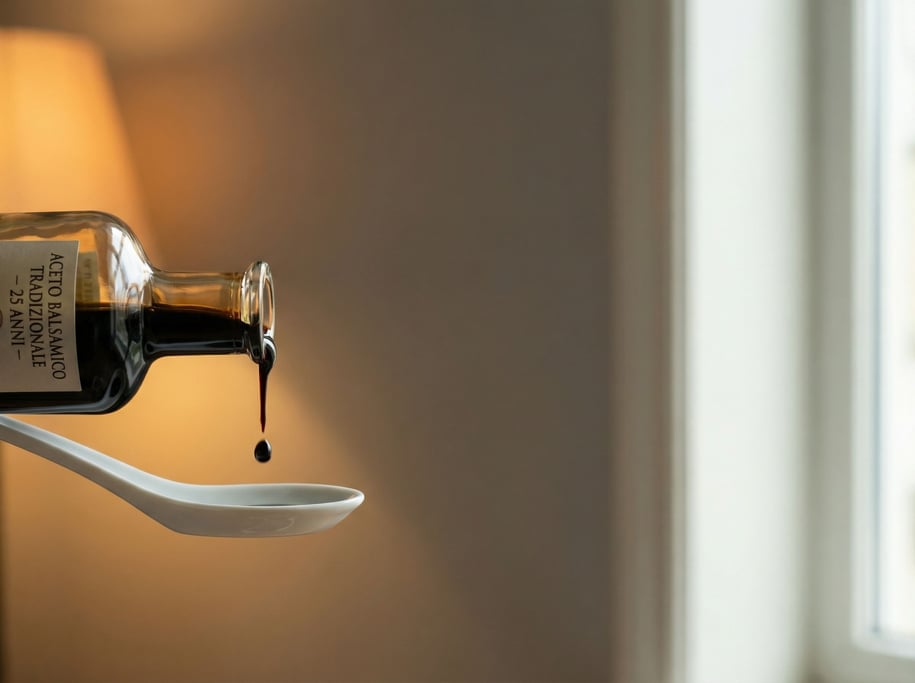 A bottle of aged balsamic vinegar, thick and dark, being poured onto a white spoon (hdjvrmem)