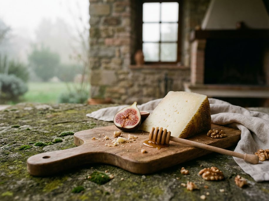 A wooden cutting board with a wedge of aged cheese, a fig cut in half, and a honey dipper (rzyzm2zu)