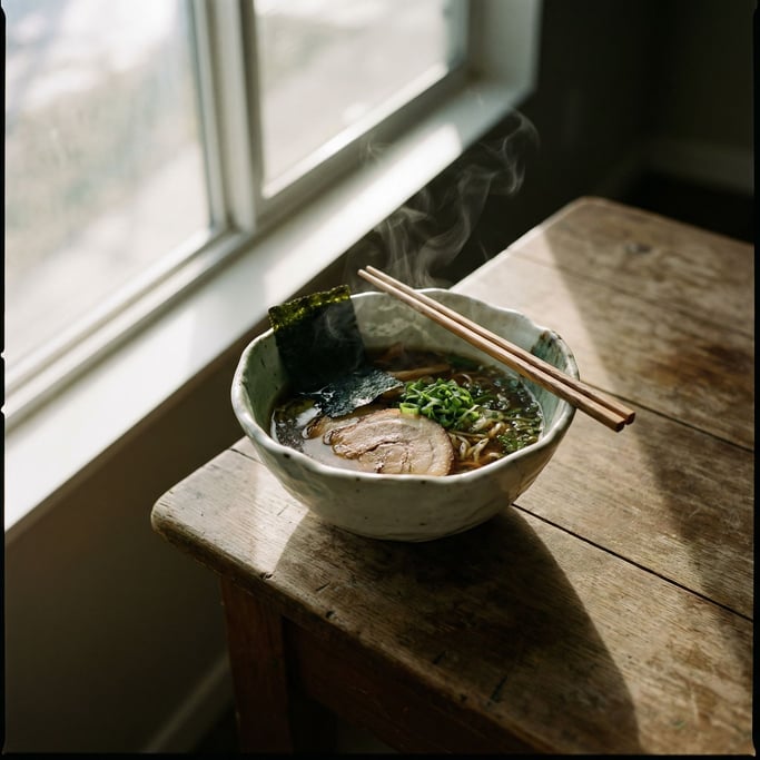 A porcelain bowl of ramen, chopsticks resting across the rim, steam rising, overhead shot (musbypx7)