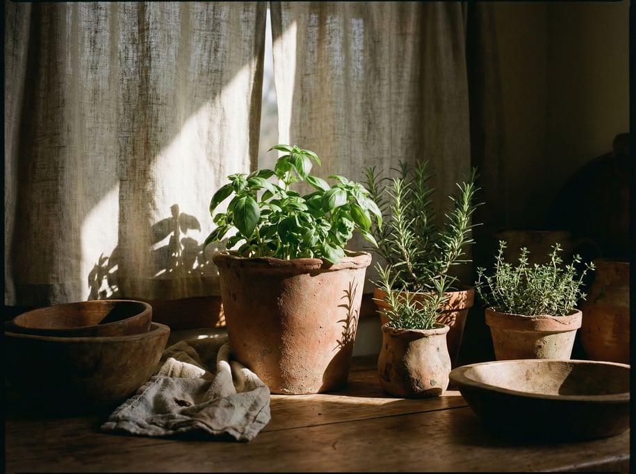 A potted herb garden on a kitchen windowsill: basil, rosemary, thyme in mismatched clay pots (gygkd3)