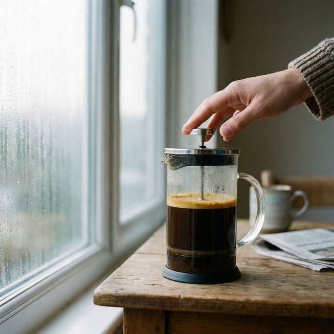 A French press full of coffee, golden crema on top, hand reaching for the plunger, morning ritual (jpavidbq)