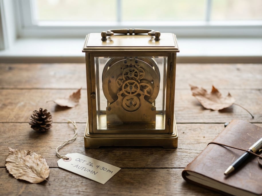 A brass desk clock with an exposed mechanism, gears visible through a glass back, ticking (kkvffzx)