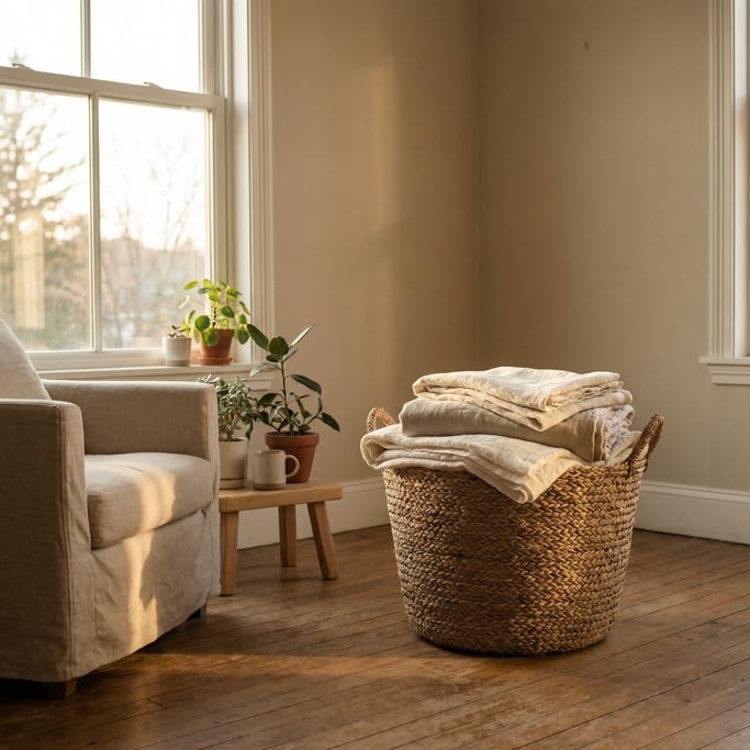 A woven seagrass basket holding folded linen blankets, corner of a minimal bedroom (jrj2yeml)