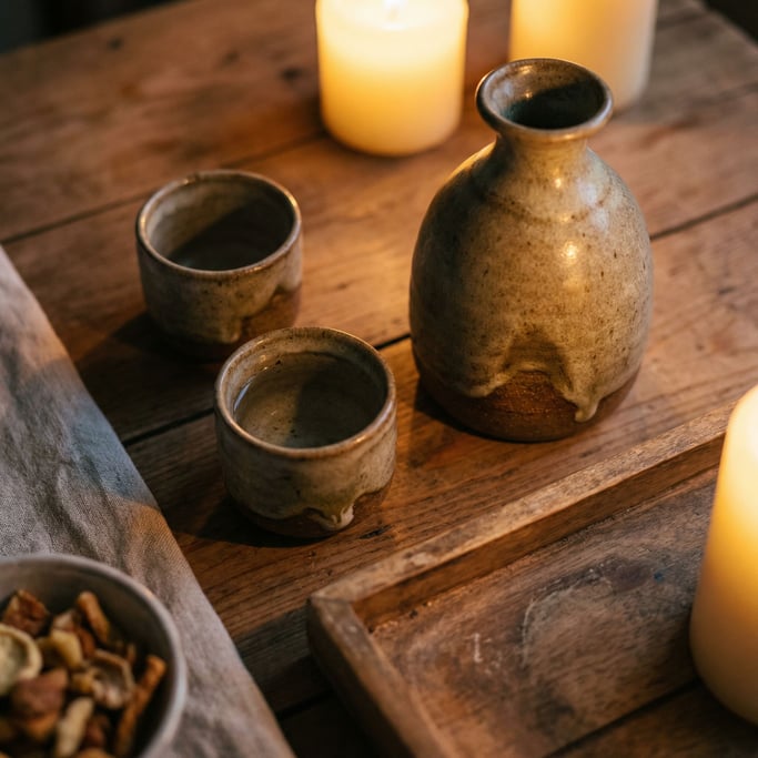 A pair of ceramic sake cups next to a tokkuri flask, glaze pooling at the base, warm overhead light (ity1x144)