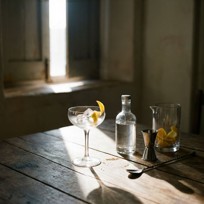 A cocktail in a coupe glass, clear spirit with a citrus peel twist, condensation on the stem (xb4kcv)