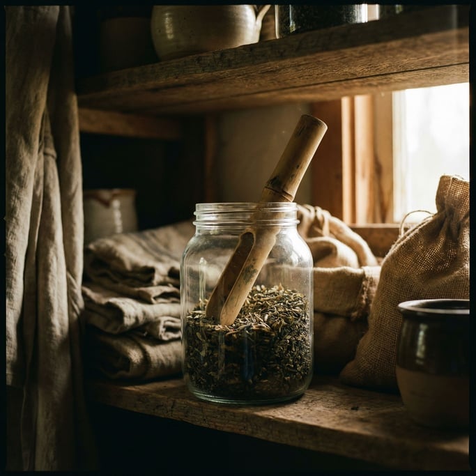 A glass jar of loose-leaf tea with a bamboo scoop, dried leaves visible through the glass (elcvpbj)