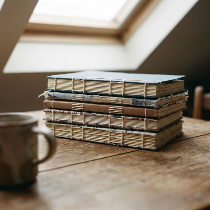 A stack of handbound notebooks with different cover papers (jtk3n2fn)