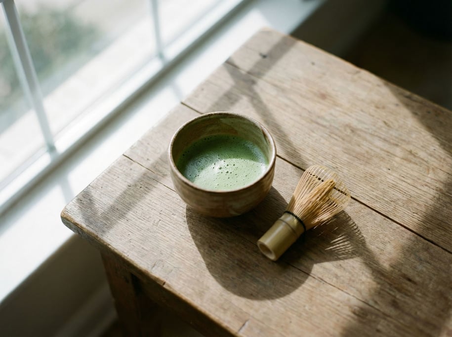 A ceramic bowl of matcha with a bamboo whisk beside it, overhead shot, zen simplicity (dabqx9ll)