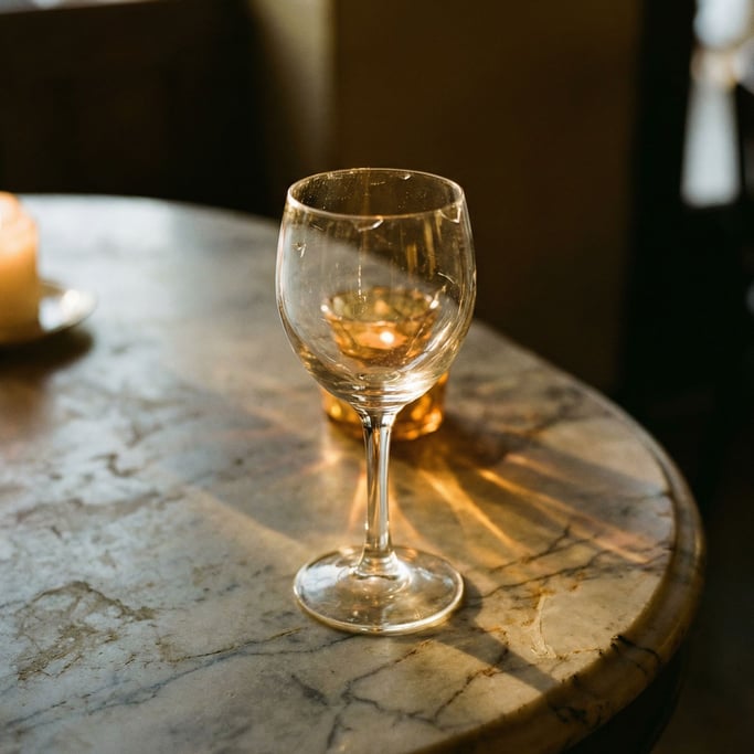 An empty wine glass catching light on a marble table, crystal refractions, just the glass form (whhljovz)