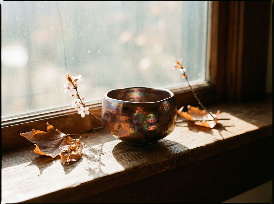 A hand-thrown raku tea bowl, irregular form, metallic glaze catching light at every angle (sfcpours)