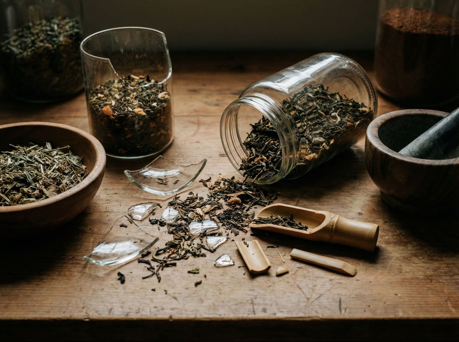 A glass jar of loose-leaf tea with a bamboo scoop, dried leaves visible through the glass (veyog7i)
