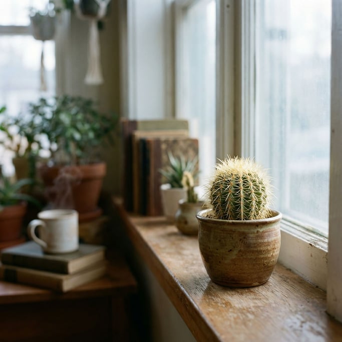 A small cactus in a hand-thrown ceramic pot, spines catching backlight, creating a halo effect (8qhu7cng)