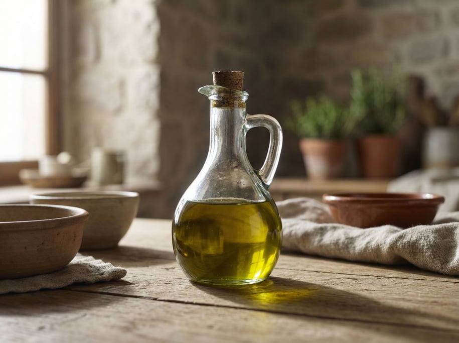 A clear glass oil cruet catching window light, olive oil inside glowing golden-green (iscs9rre)