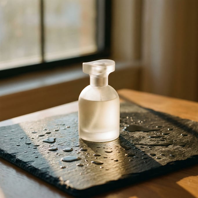 A frosted glass perfume bottle on a wet dark stone surface, water droplets catching light (atz1uty)