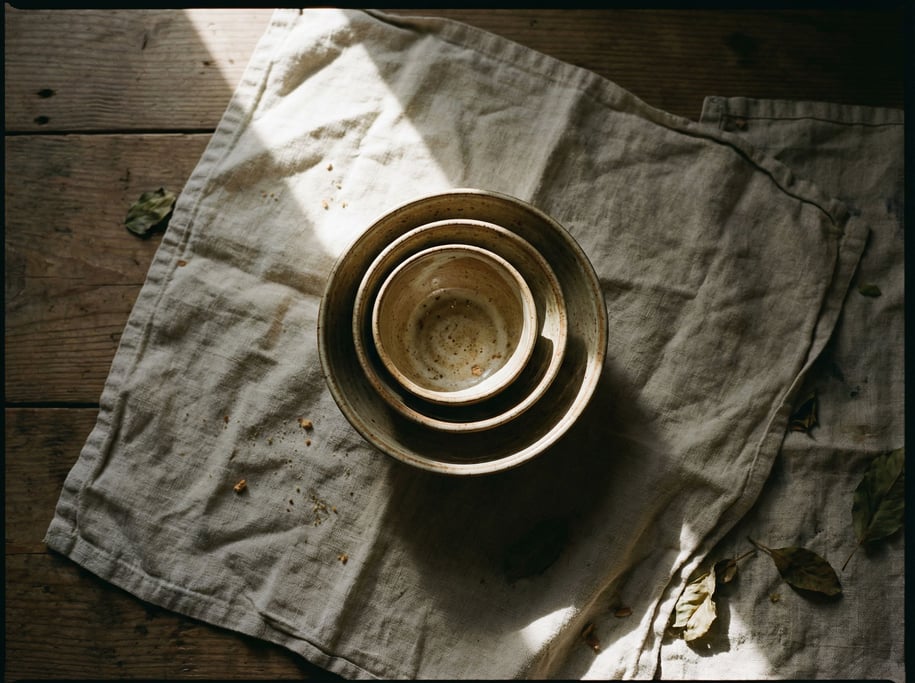 Three speckled ceramic cups in graduating sizes, nested together, overhead on a linen cloth (6l42qepl)