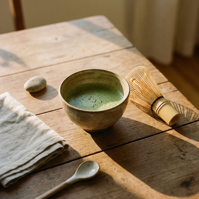 A ceramic bowl of matcha with a bamboo whisk beside it, overhead shot, zen simplicity (5pug26w3)